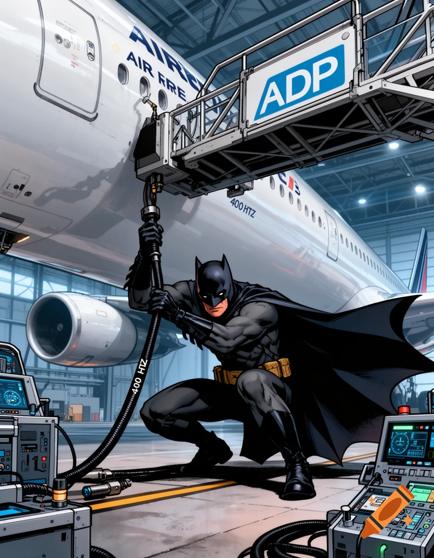 Batman in a crouch connecting a 400 HTZ power cable to a large Air France passenger plane, with an ADP gantry overhead, in a comic book art style.