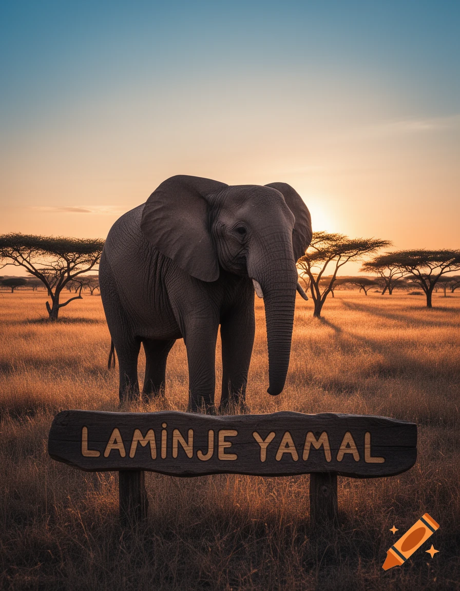 A photorealistic image of a large elephant standing in a golden savanna field at sunset, with a wooden sign reading 'LAMINJE YAMAL' in the foreground.