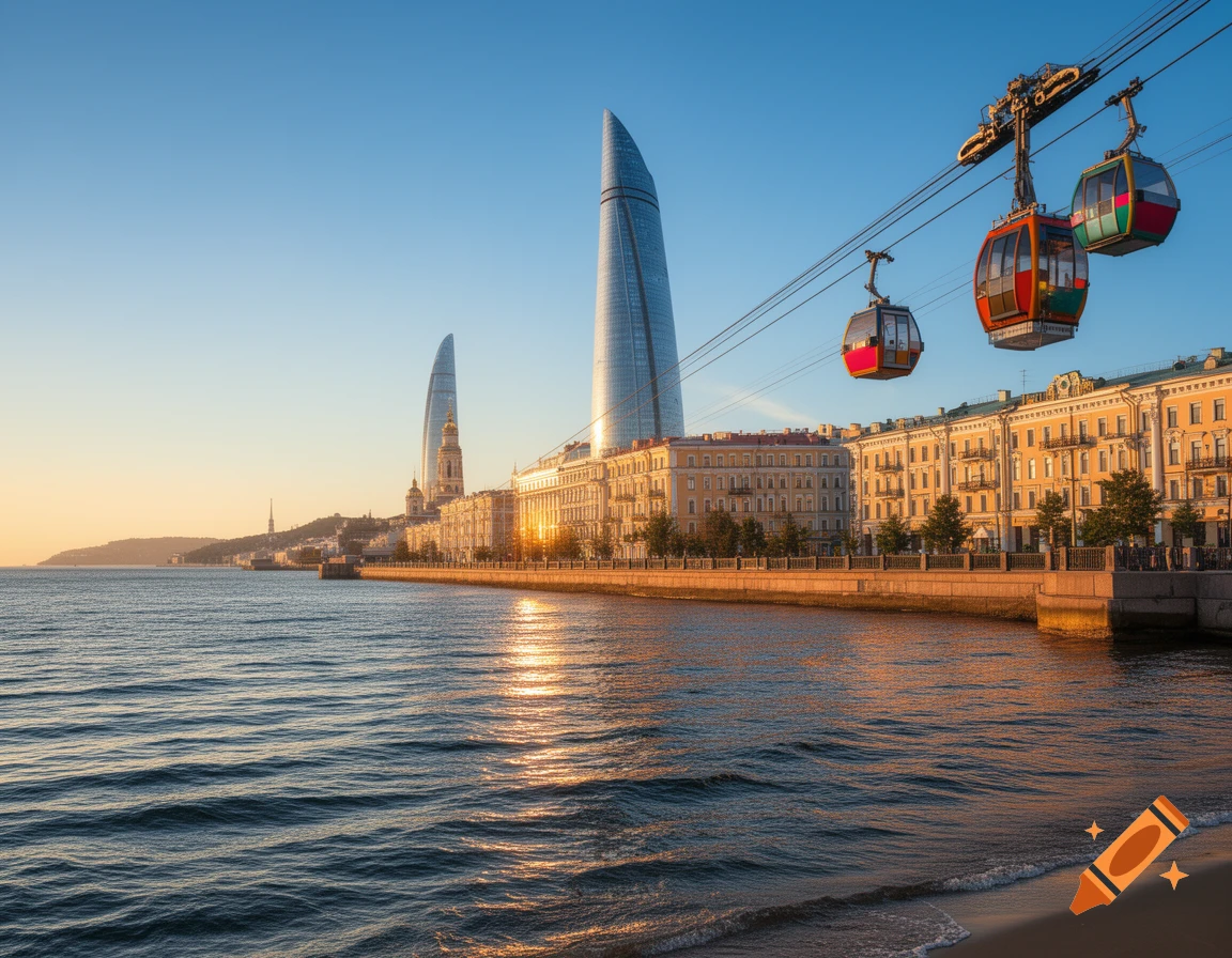 Photorealistic cityscape with modern and traditional buildings along a waterfront, reflecting the glow of a sunset, with colorful cable cars.