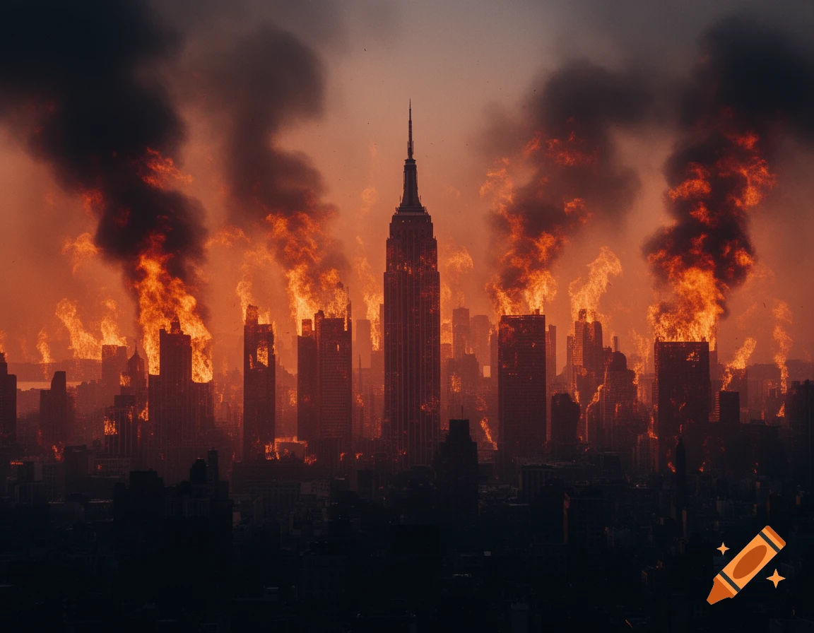 New York City skyline in silhouette engulfed in flames and smoke against an orange sky.