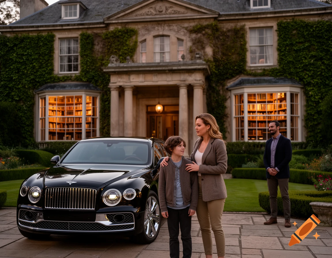 A woman and a boy stand beside a black luxury car in front of a large ivy-covered mansion, with a man standing in the background, in a photorealistic style.