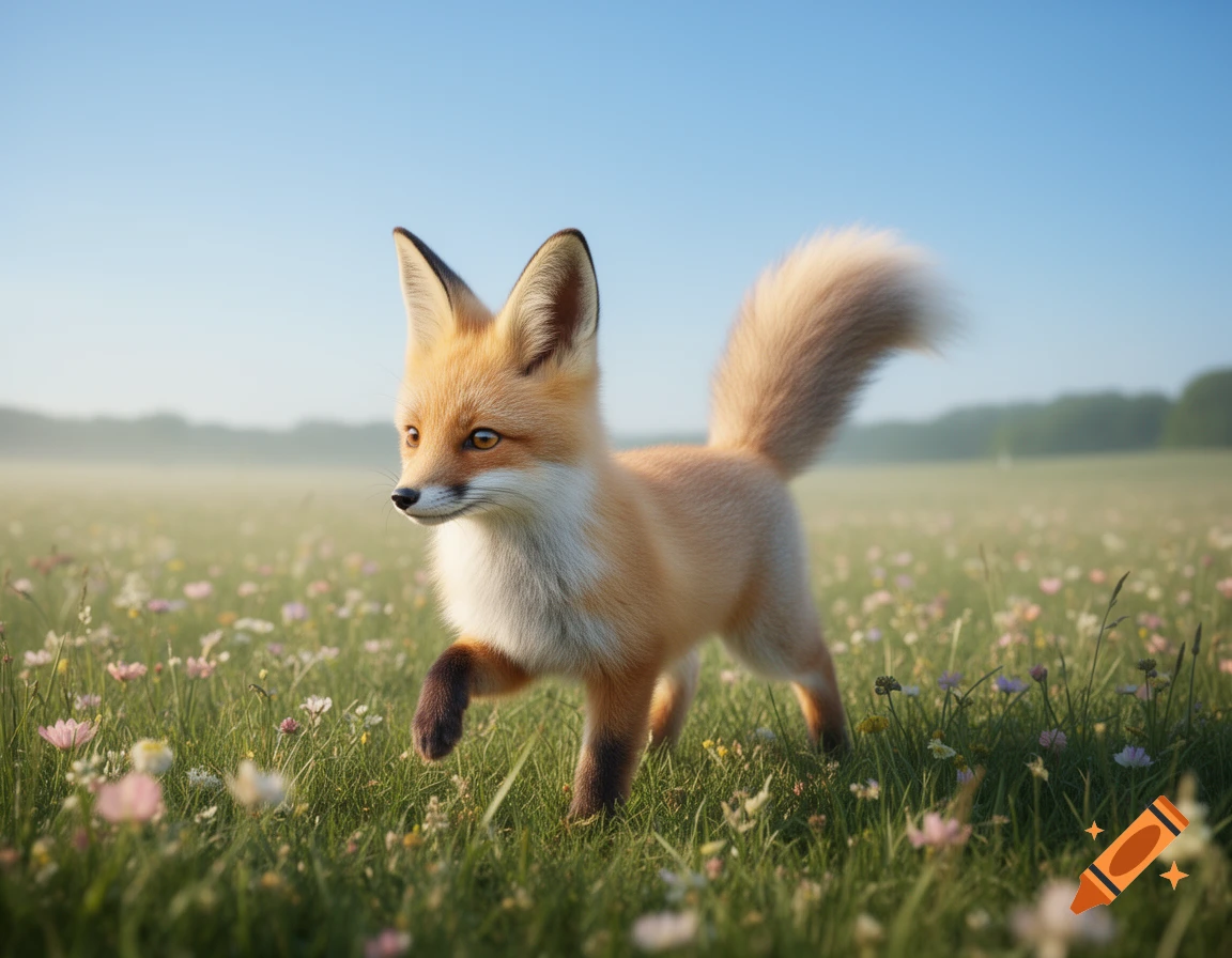 A young, fluffy fox with a bushy tail walks through a sunny field filled with colorful wildflowers under a clear blue sky.