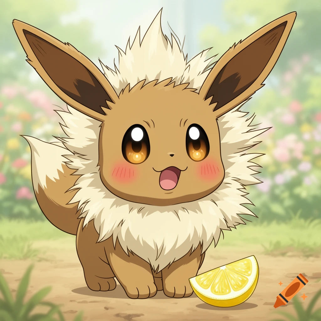 A cute, happy anime-style Eevee with blushing cheeks stands beside a lemon slice on a path in a flowery background.