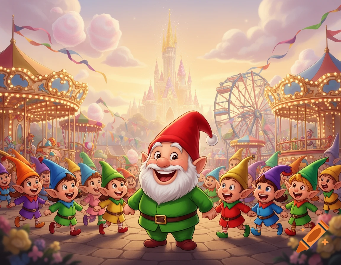 A cheerful cartoon gnome and small elves run through a colorful, magical amusement park with a castle, carousel, and Ferris wheel.