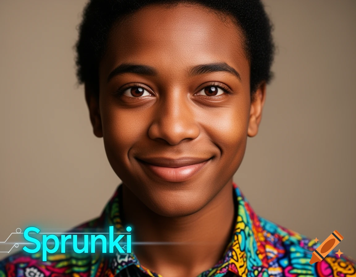 A close-up portrait of a smiling young Black person wearing a vibrant, patterned shirt, with the word 'Sprunki' in glowing blue text at the bottom.