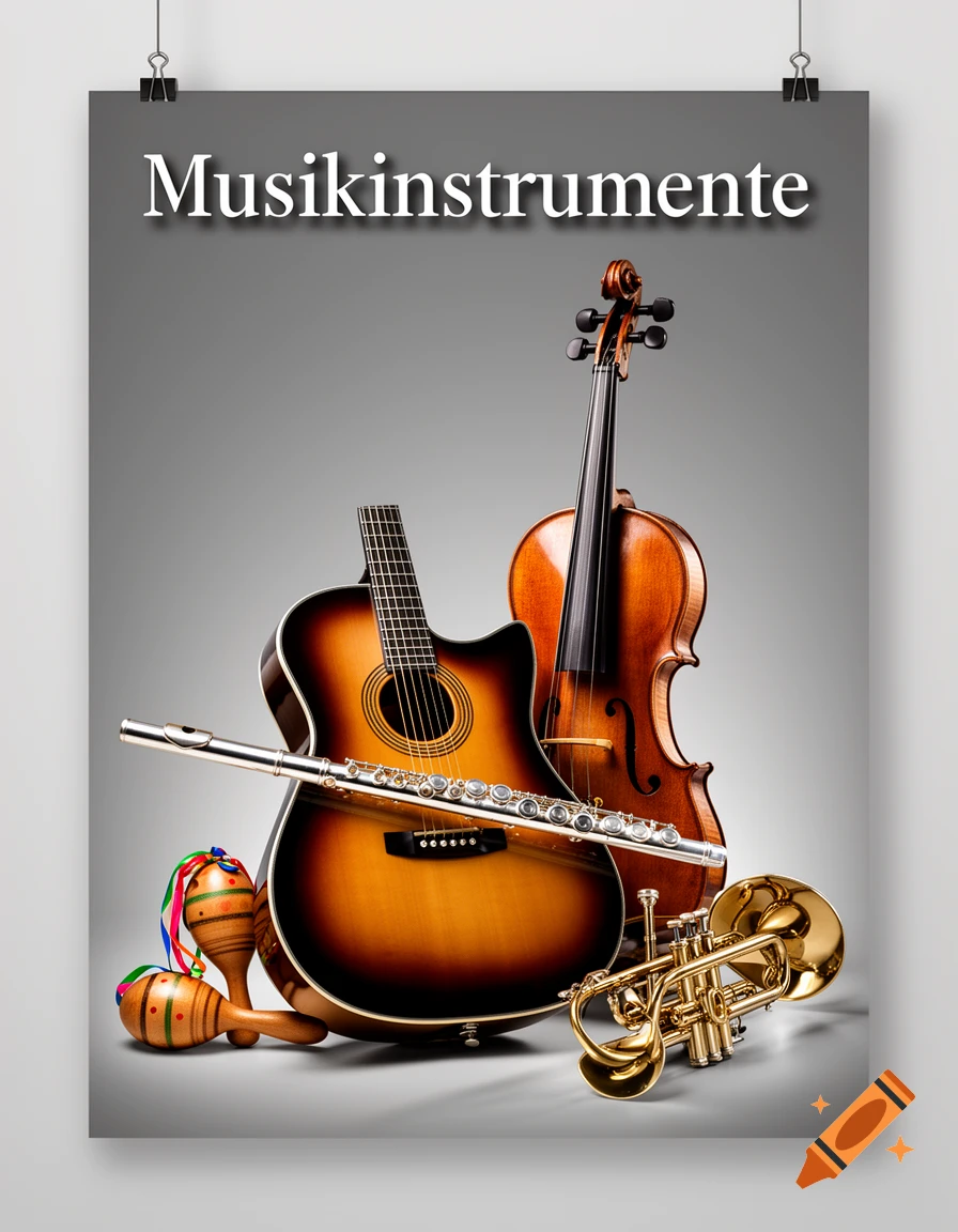 Photorealistic poster featuring an acoustic guitar, violin, flute, trumpet, and maracas under the text 'Musiksinstrumente' on a gray background.