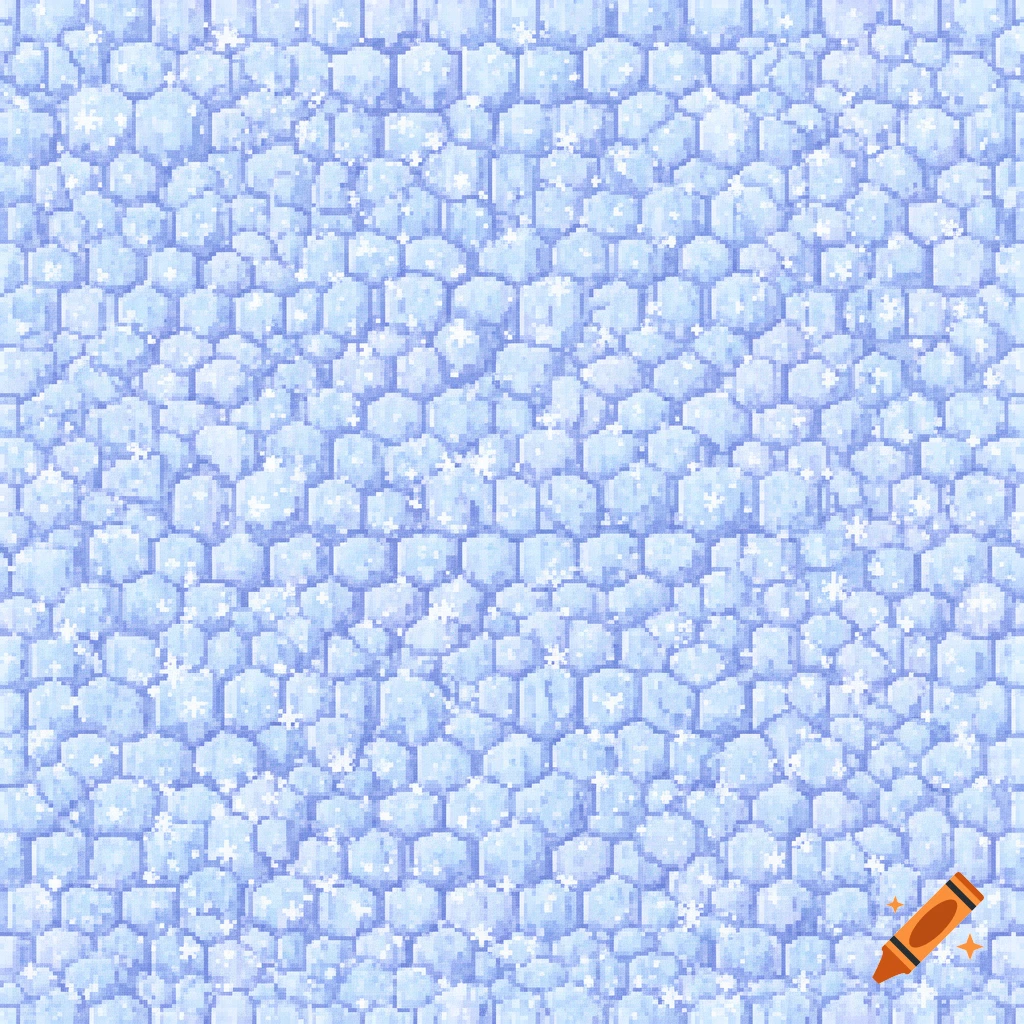 A seamless pixel art texture of light blue ice with hexagonal shapes and sparkling highlights.