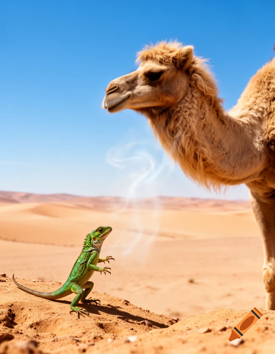 A small green lizard stands on a dune, looking up at a large, photorealistic camel in a sunny desert.