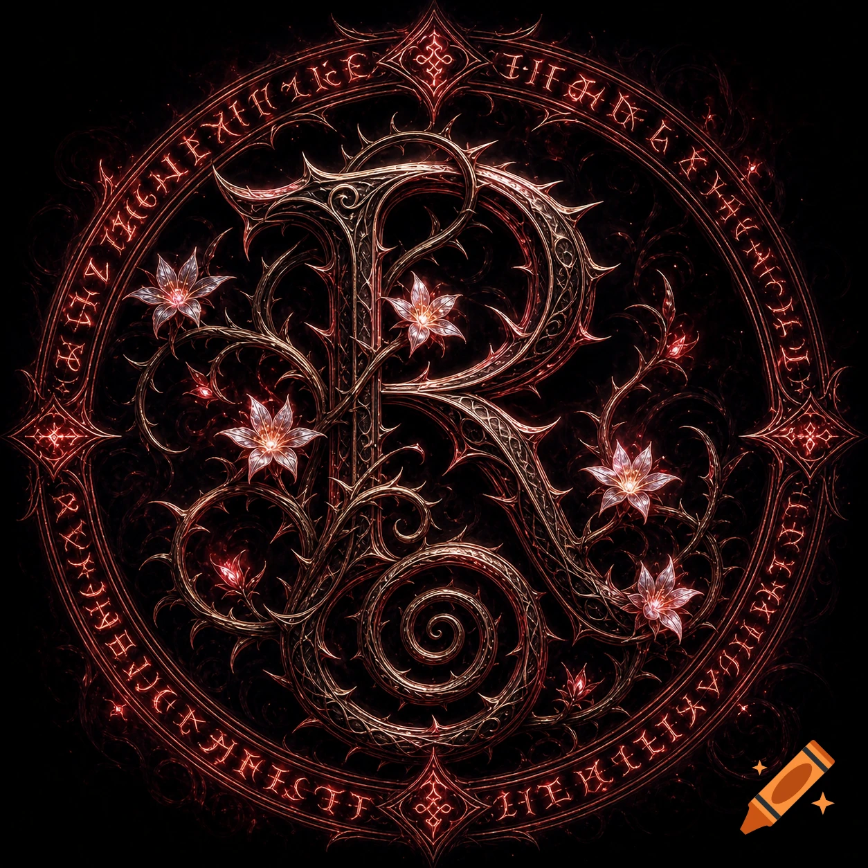 A detailed, gothic-style letter 'R' adorned with thorny vines and glowing flowers, encircled by shimmering runic script on a dark background.