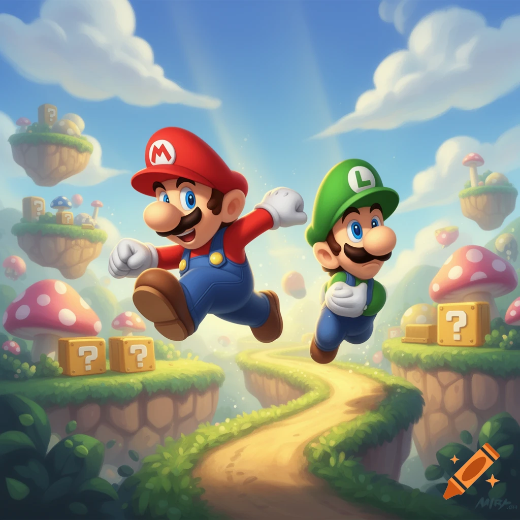 Mario and Luigi run through a bright, stylized fantasy world with floating islands and question mark blocks.