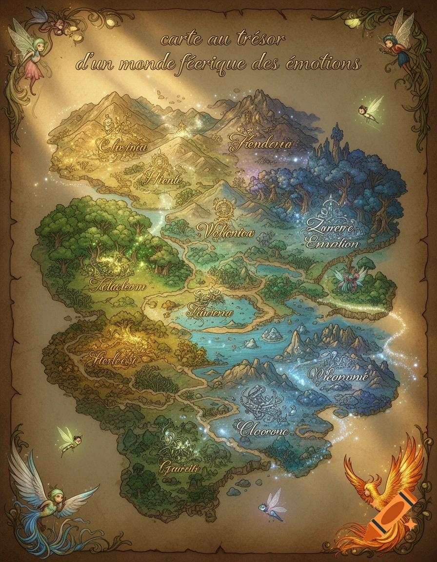 A highly detailed, whimsical fantasy map with various regions, mountains, forests, and waters, surrounded by fairies and a phoenix.