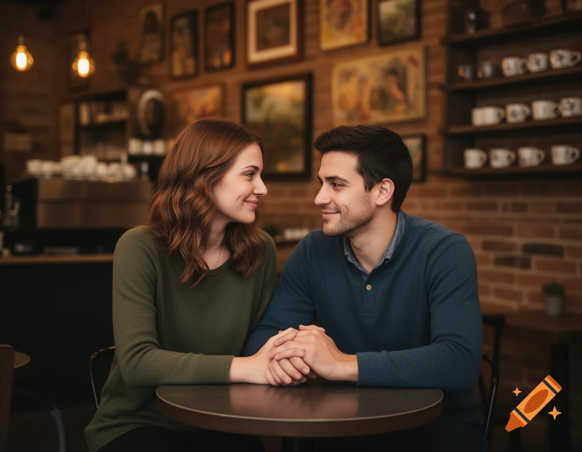 A man and woman sit together in a cozy coffee shop, holding hands and gazing lovingly into each other's eyes.