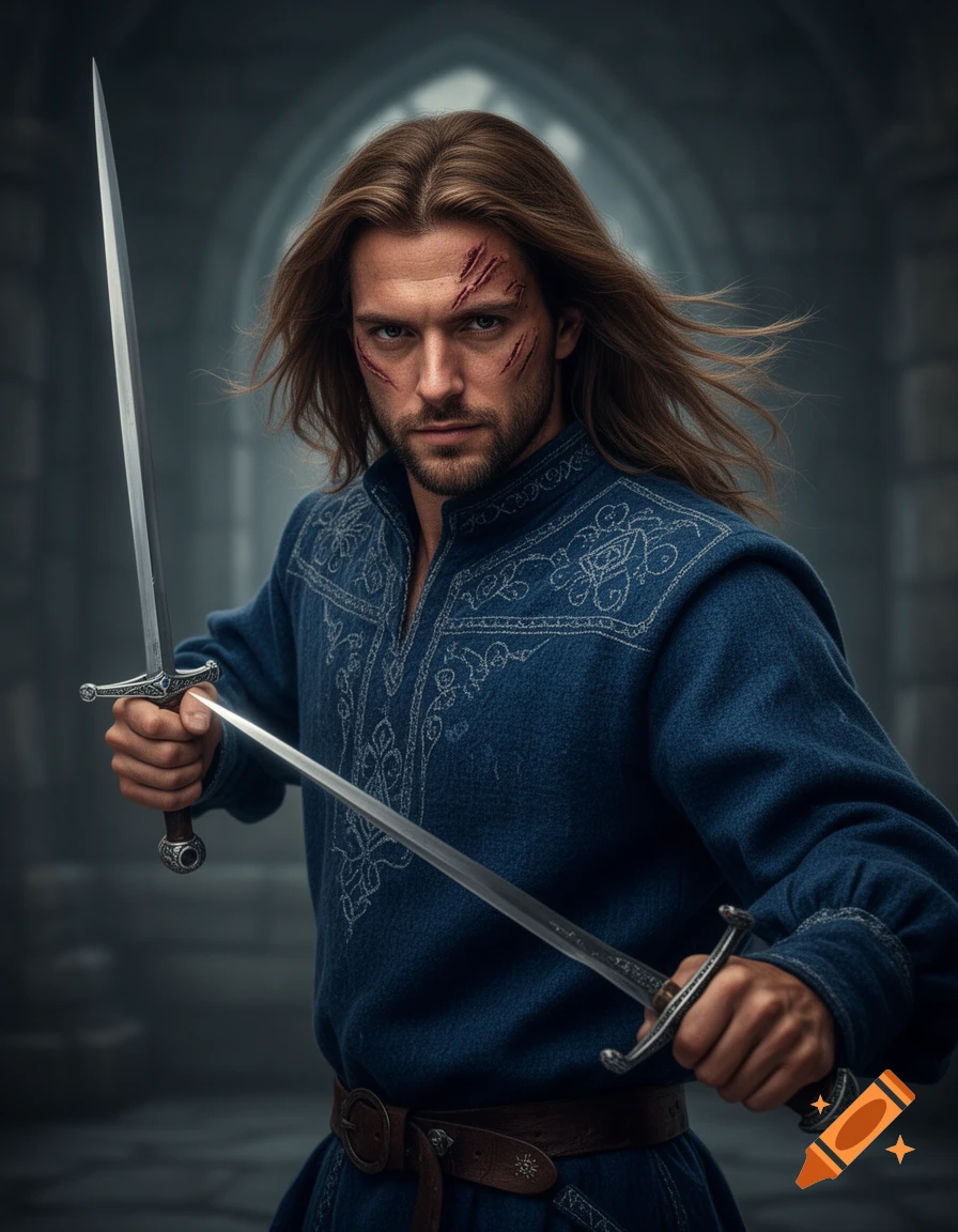 Intense portrait of a scarred man with long hair in a blue tunic, holding two swords in a castle.