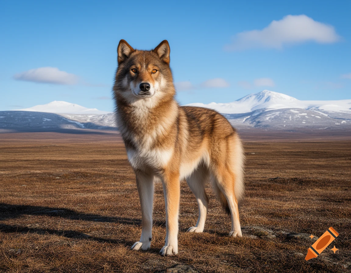 A photorealistic wolf-like dog stands in a vast, barren landscape with snow-capped mountains under a blue sky.