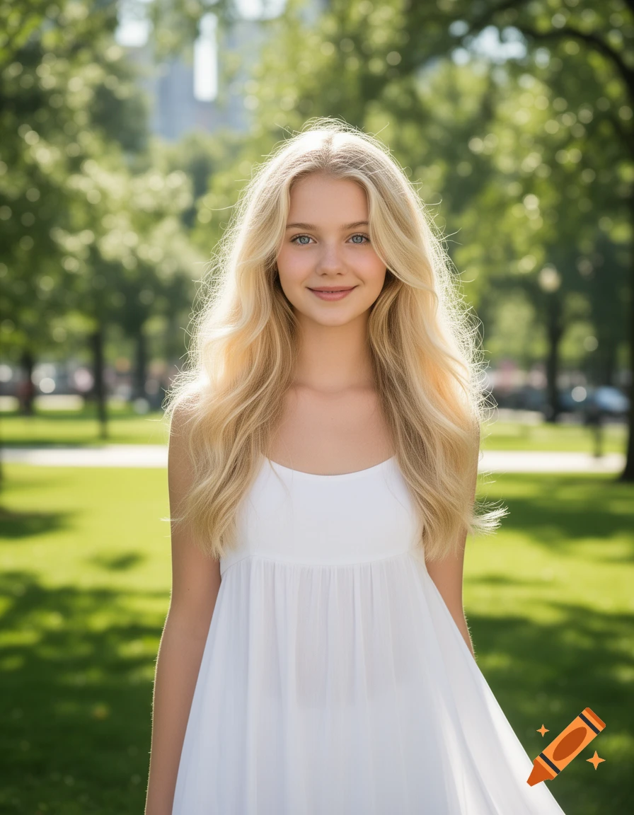 A smiling blonde girl in a white dress stands in a sunny park with blurred green trees.