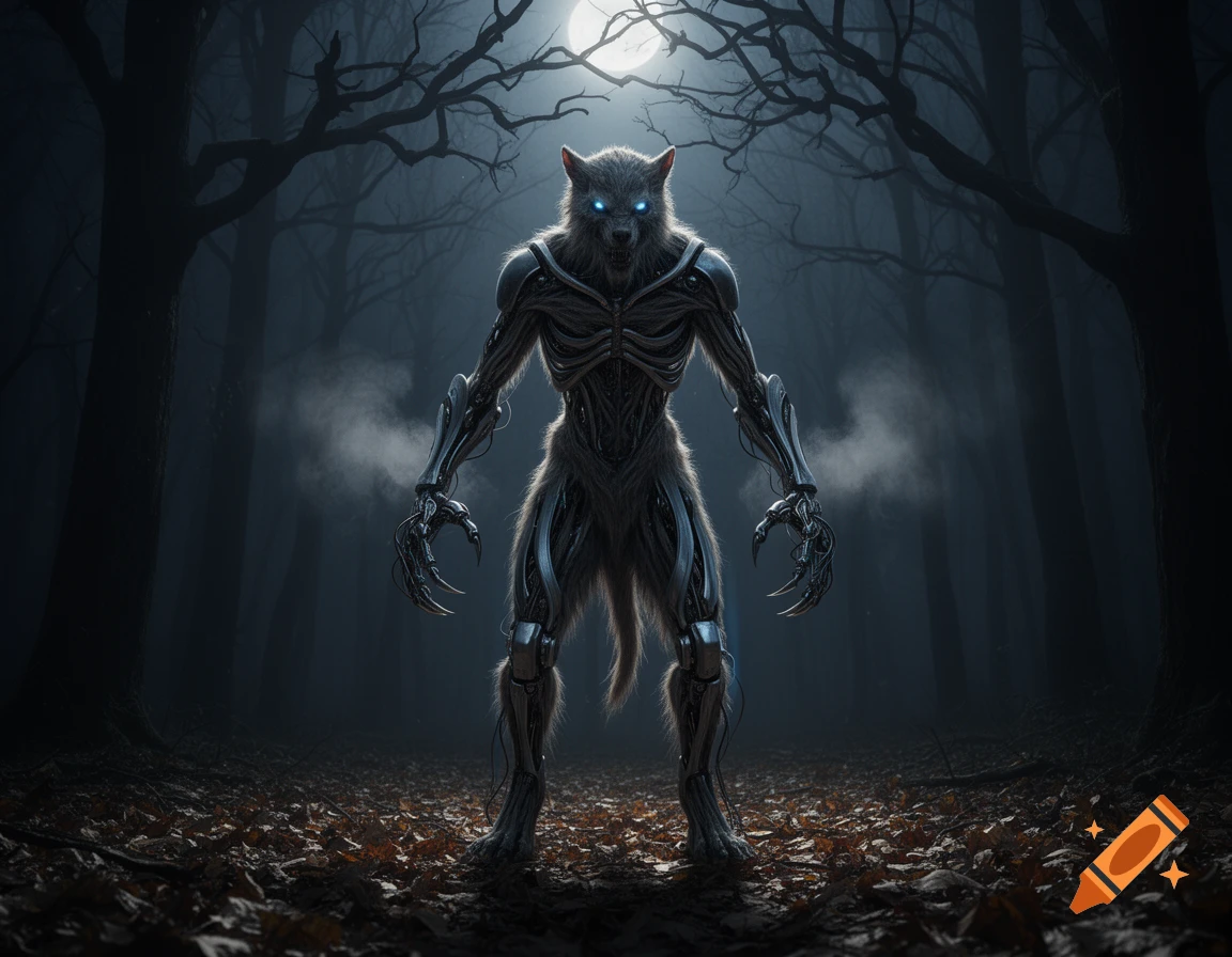 A menacing cyborg wendigo creature stands in a dark, misty forest under a bright moon, with glowing blue eyes.