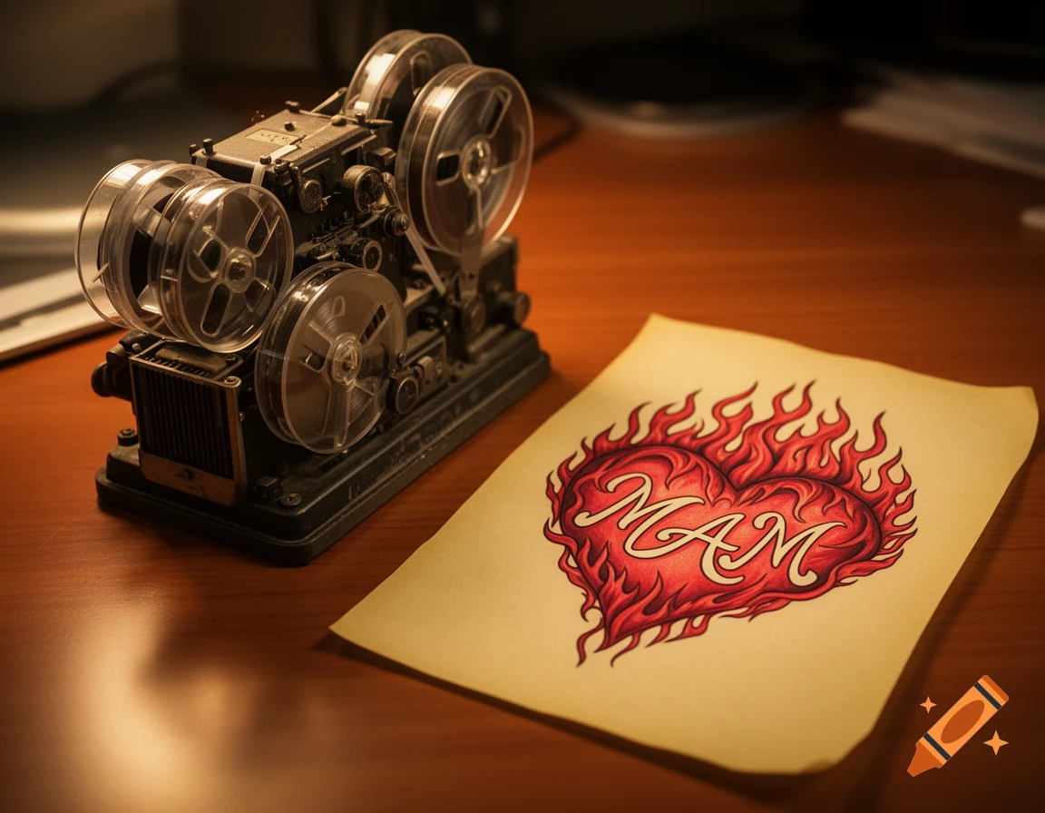 A vintage reel-to-reel tape drive sits on a wooden desk next to a sheet of paper with a flaming red heart tattoo design that says "MAM".