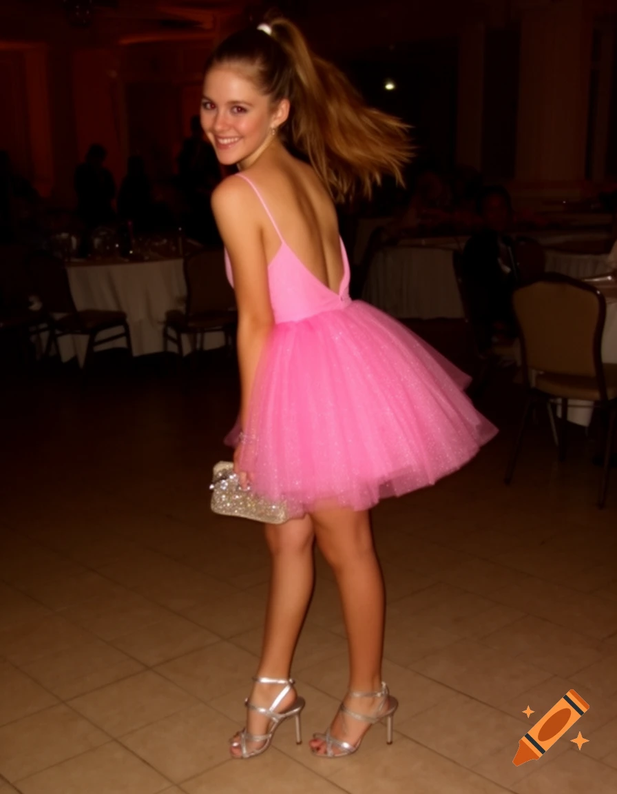 A young woman in a sparkling pink tulle dress and silver heels smiles over her shoulder at a party.