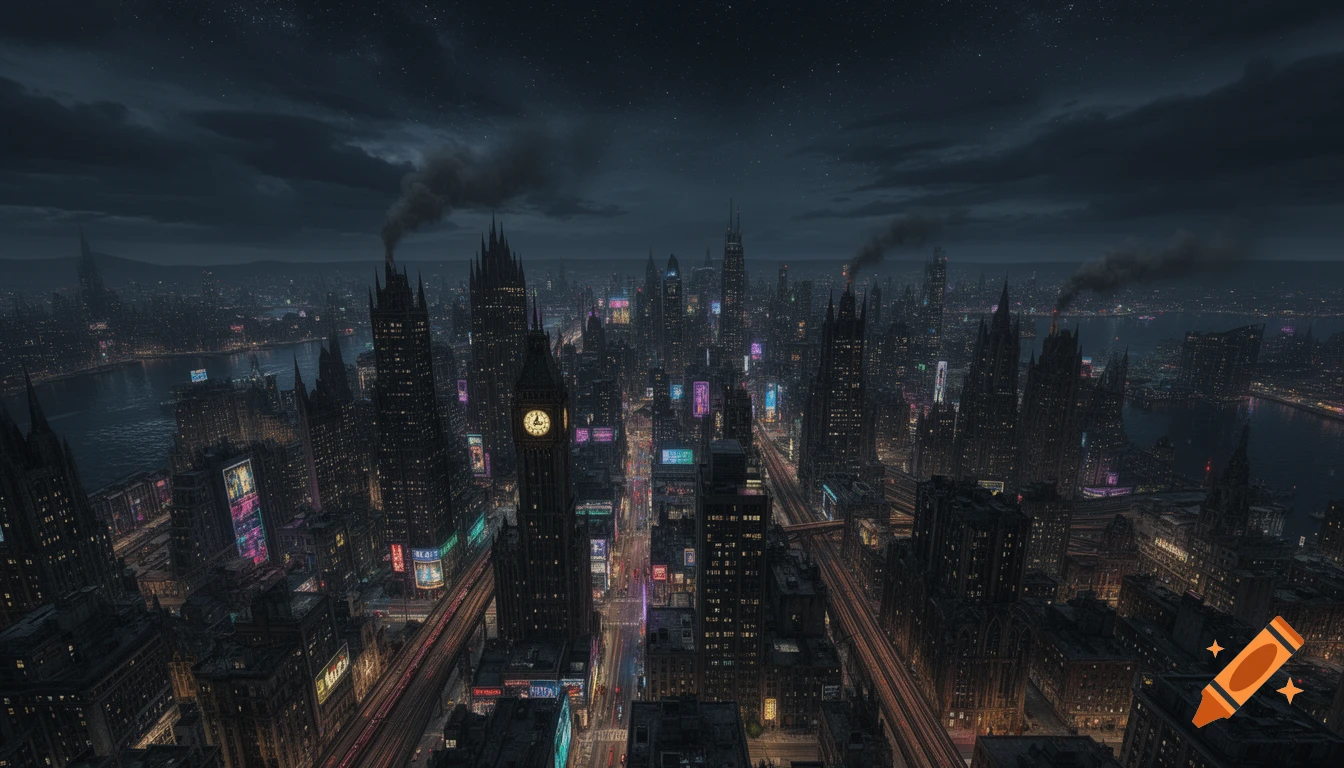 Dark, sprawling cityscape at night with towering gothic buildings, glowing neon signs, and elevated train tracks under a starry sky.