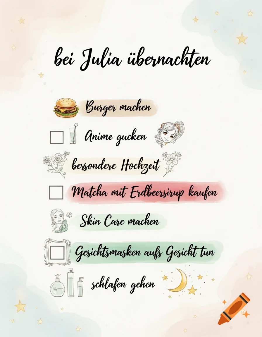 A handwritten-style checklist with cute illustrations against a pastel background with stars and clouds. The list is titled 'bei Julia übernachten' (staying overnight at Julia's) and includes items like 'Burger machen' (make burgers), 'Anime gucken' (watch anime), 'Skin Care machen' (do skin care), and 'schlafen gehen' (go to sleep).