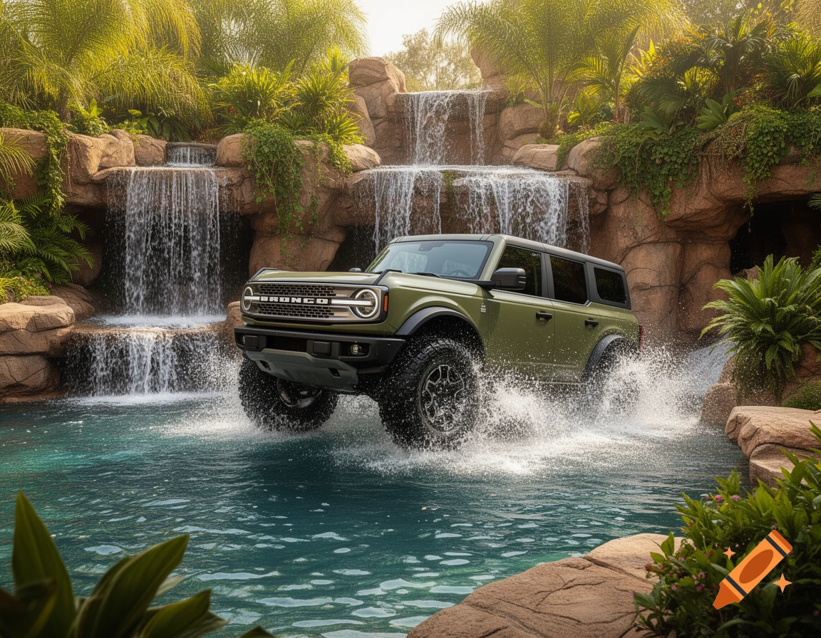 A green Ford Bronco splashes through a backyard pool and grotto with waterfalls, off-roading in a photorealistic style.