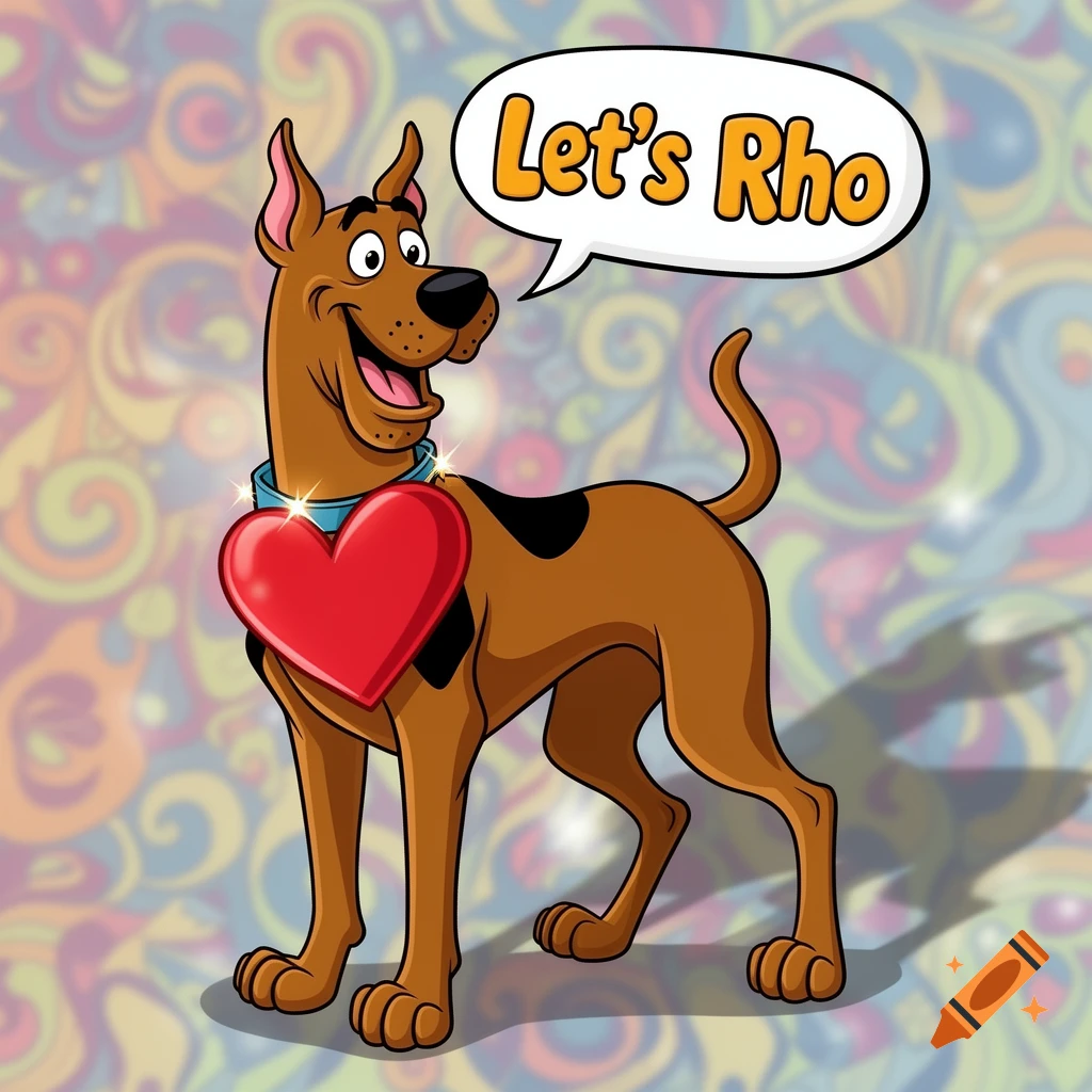 Scooby Doo cartoon wearing a blue collar with a sparkling red heart, speaking 'Let's Rho' in a speech bubble on a colorful patterned background.