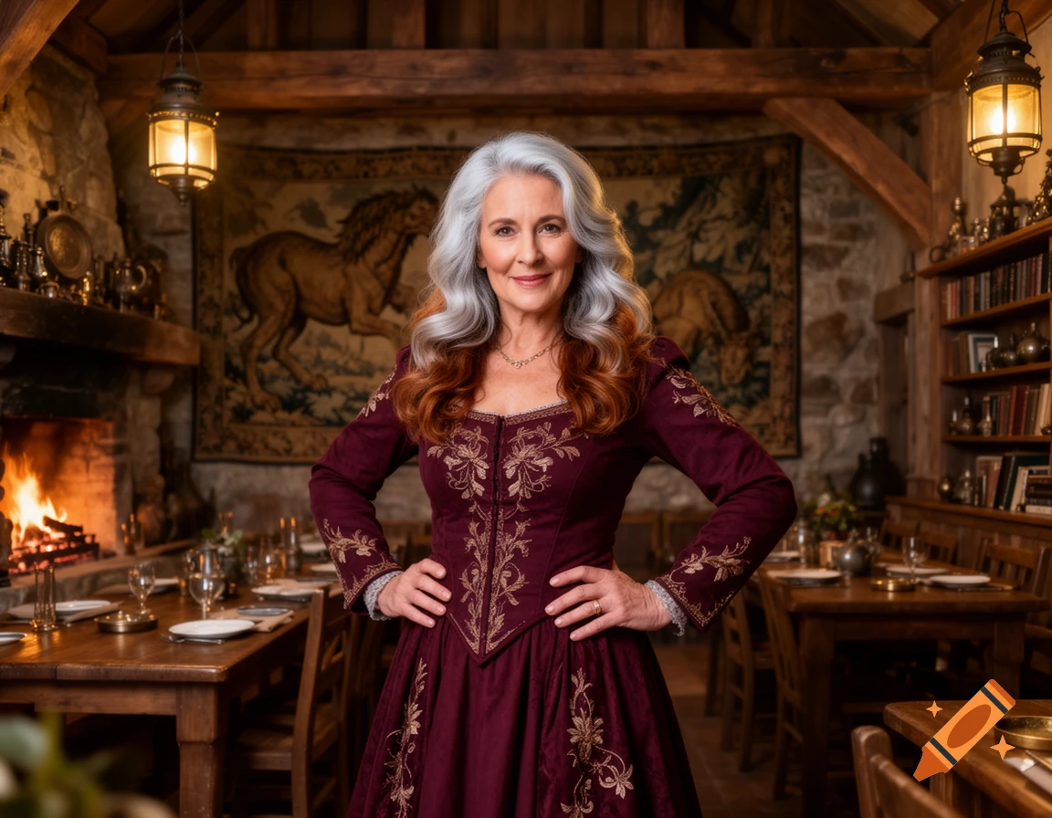 A middle-aged woman with long grey and red hair, wearing a burgundy embroidered gown, stands in a rustic fantasy inn with a fireplace and tapestry.