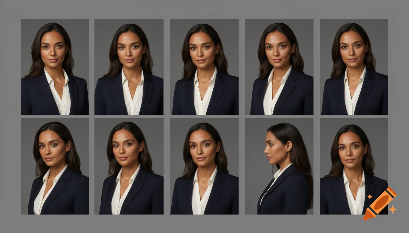 Ten consistent professional portraits of a woman in a navy suit against a gray background, showing various head and shoulder angles.