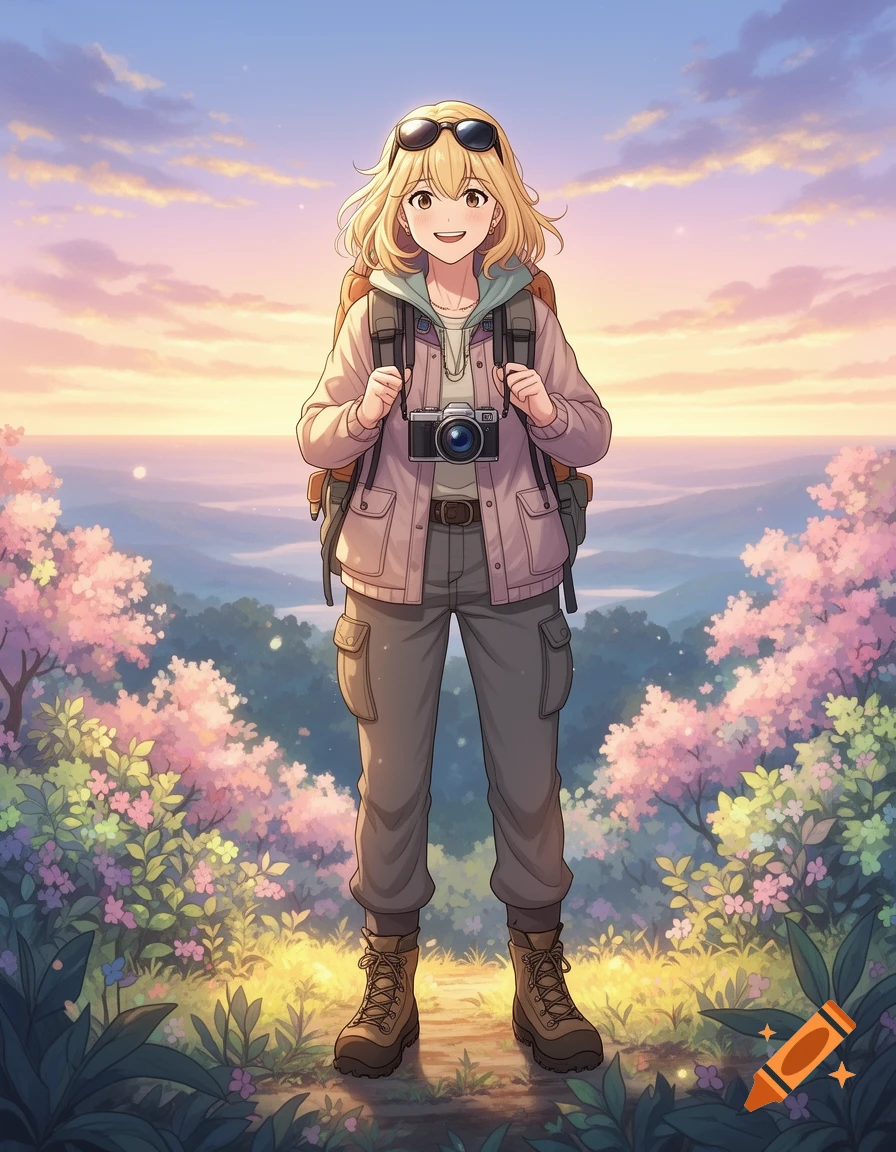 Anime girl with blonde hair, sunglasses, backpack, and camera, standing on a trail amidst a colorful floral landscape at sunset.