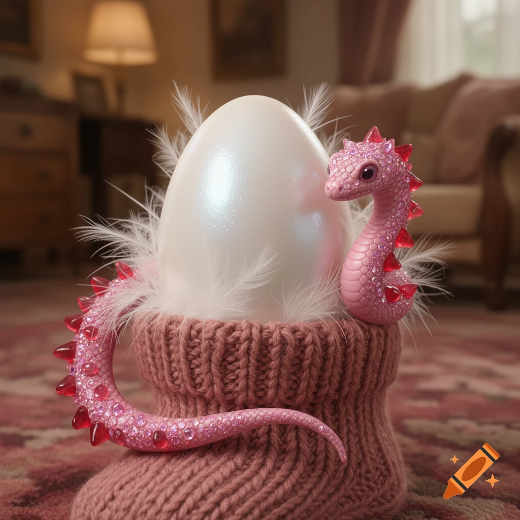 A photorealistic image of a jeweled pink snake-like creature with red spikes curled around a shiny white egg, nestled in a pink knitted sock.