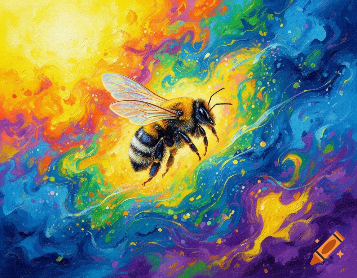 A vibrant, painterly image of a fuzzy bumblebee flying through a swirling rainbow-colored abstract background.