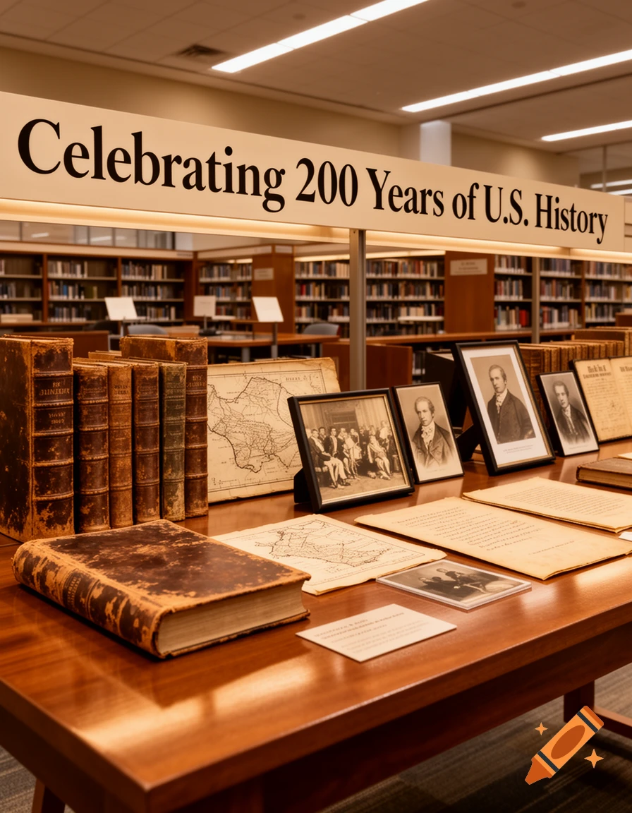 A public library display celebrating 200 years of US history, featuring old books, framed portraits, maps, and documents on a wooden table, with a banner that reads "Celebrating 200 Years of U.S. History"