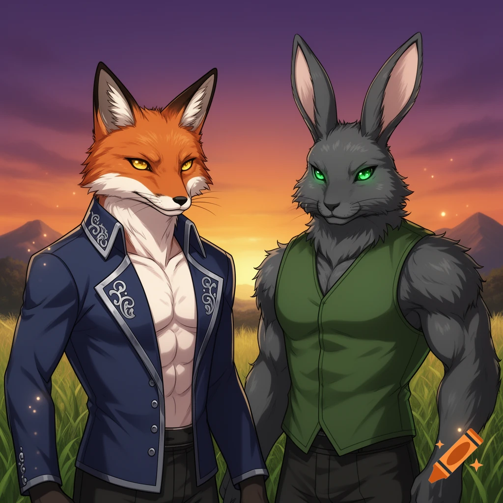 An anime-style anthropomorphic fox in an open blue jacket and a grey bunny in a green vest stand in a field at sunset.