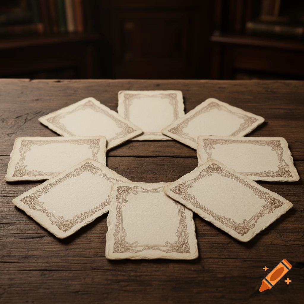 Blank parchment-style cards with ornate borders fanned out on a dark wooden table.