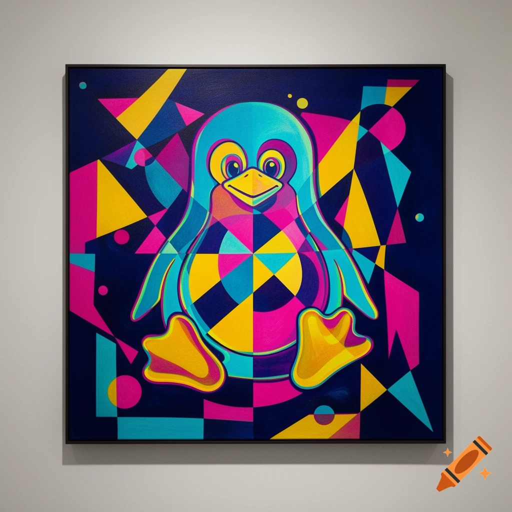 Colorful abstract geometric painting featuring Tux the Linux penguin against a dark blue background.