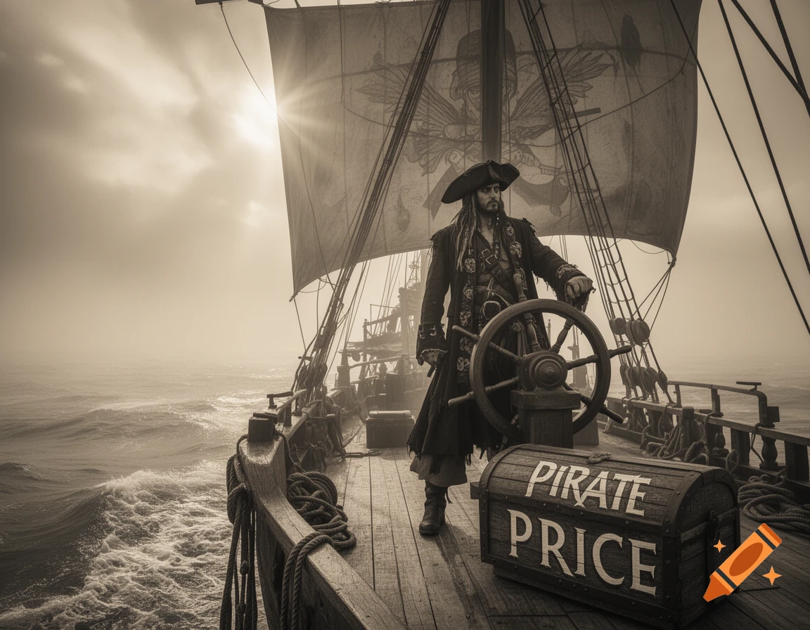 A pirate captain stands at a ship's helm on a stormy sea, with a treasure chest labeled "PIRATE PRICE" in the foreground, in sepia tone.