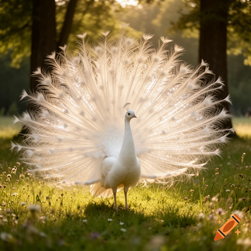A photorealistic white peacock with its tail fanned out, standing in a sunny grassy field with trees in the background.