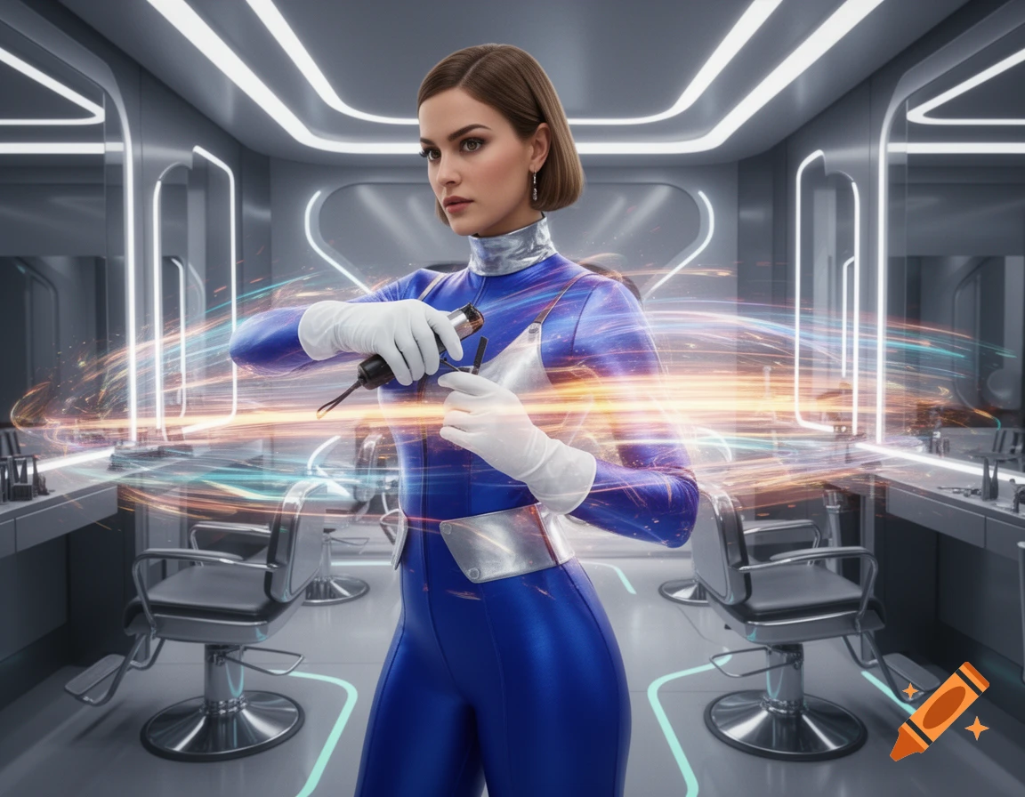 A woman in a blue and silver futuristic suit and white gloves gives a haircut in a sci-fi salon, surrounded by glowing speed lines.