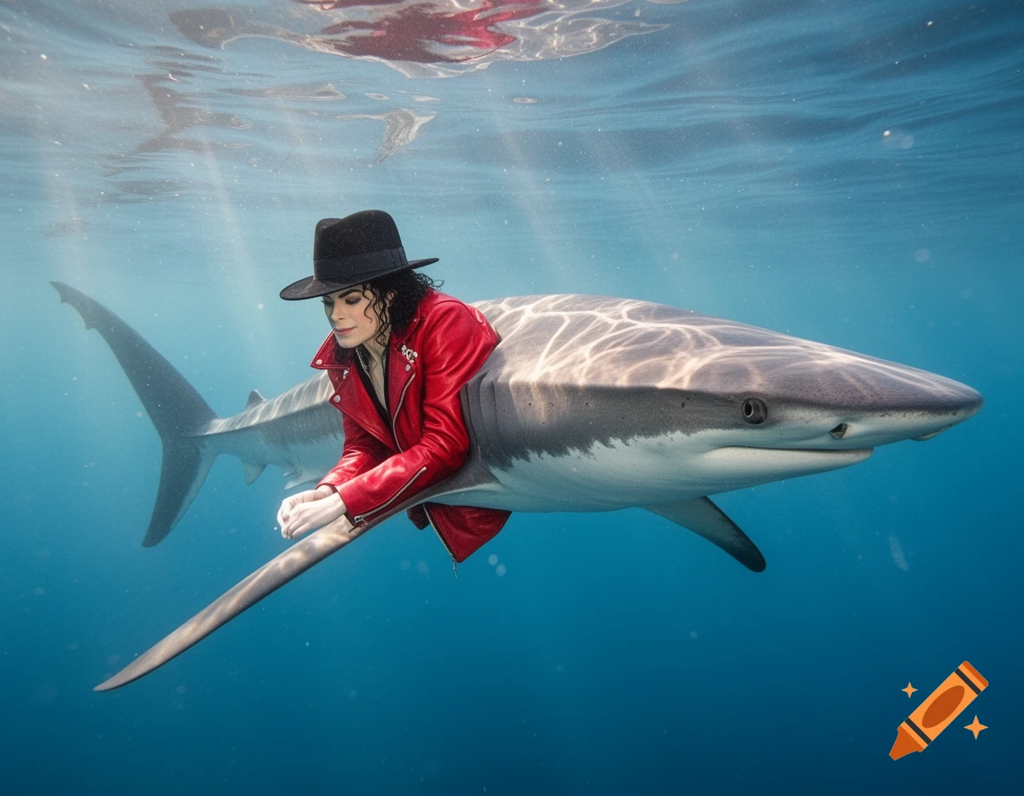 Photorealistic image of Michael Jackson wearing a red leather jacket and black fedora, merged with a shark, swimming underwater.