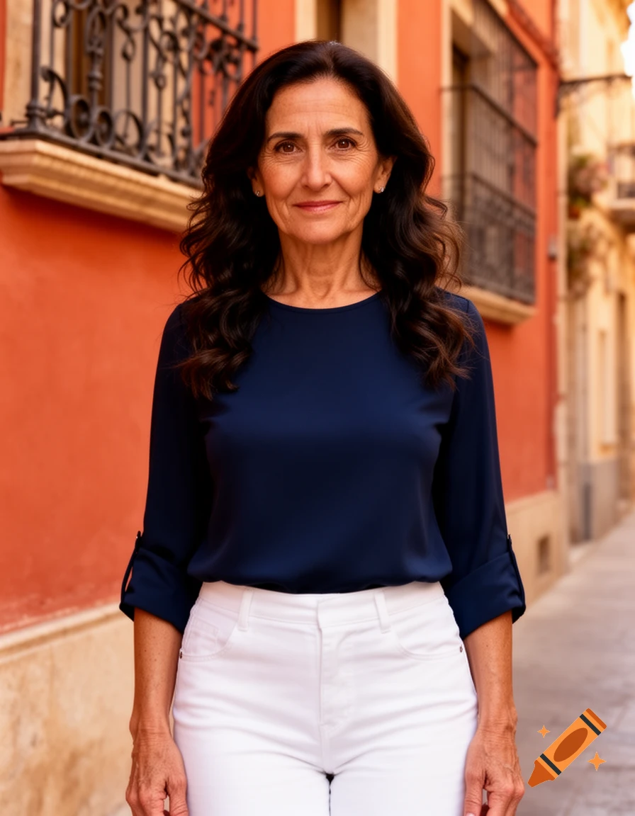 A smiling middle-aged woman with dark wavy hair, wearing a navy top and white pants, stands on a European street in front of an orange building.
