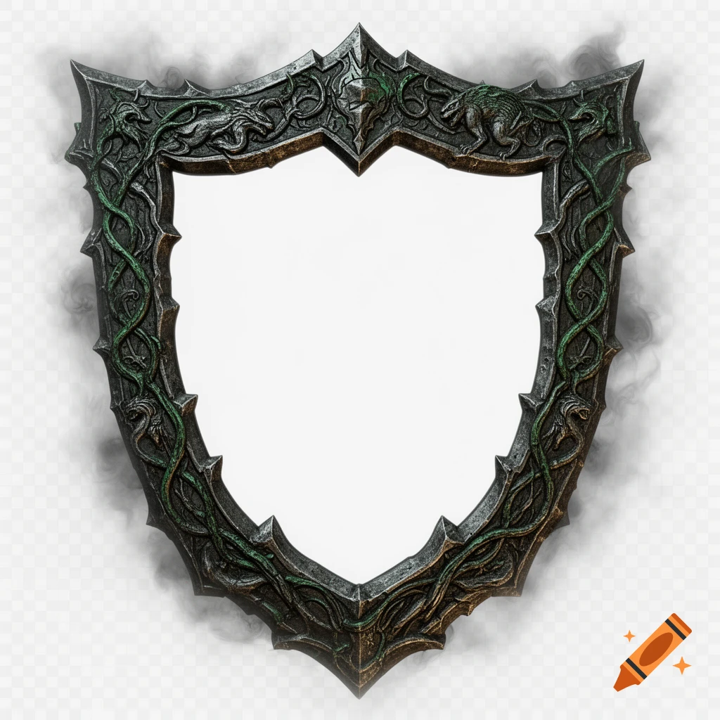 Dark fantasy shield-shaped frame with intricate green vines and reptilian carvings on a metallic texture, with smoky haze.