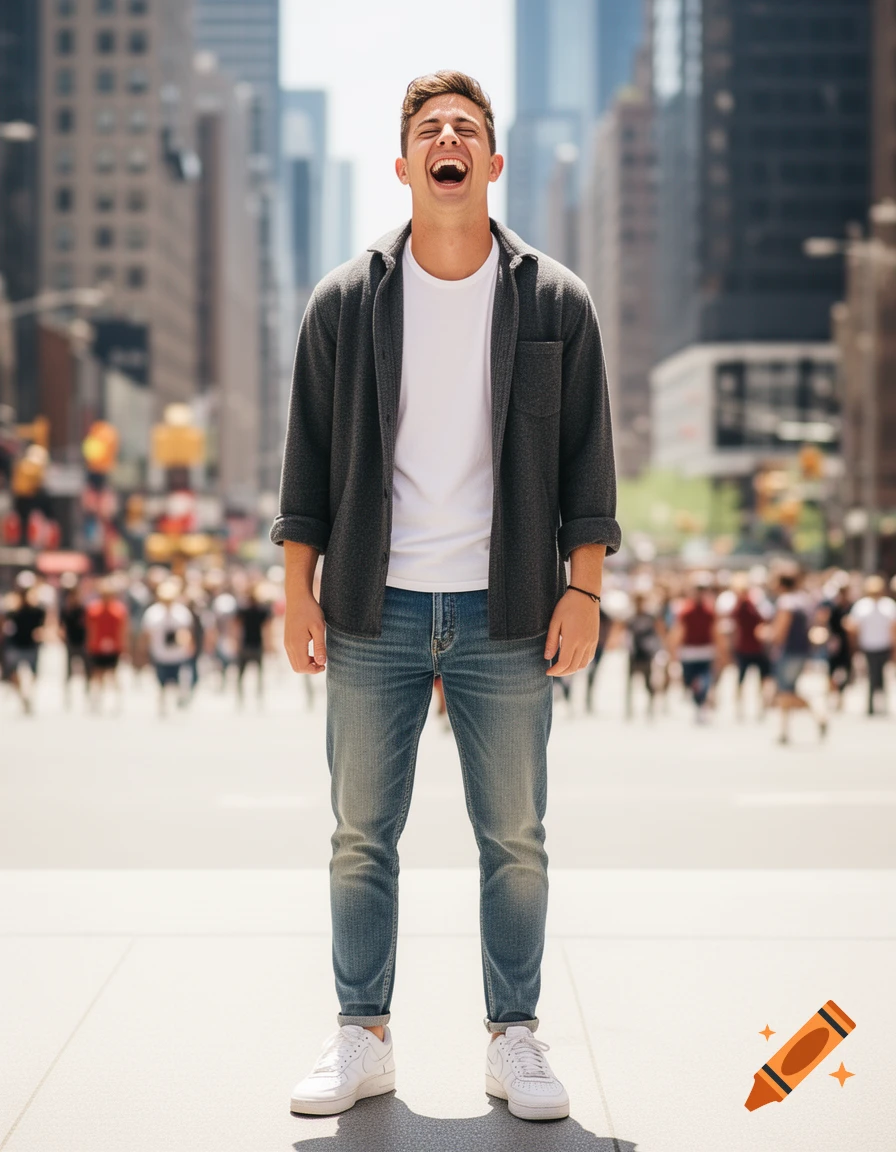 A young man in a white tee and grey shirt laughs joyfully on a sunny city street with blurred buildings and people.