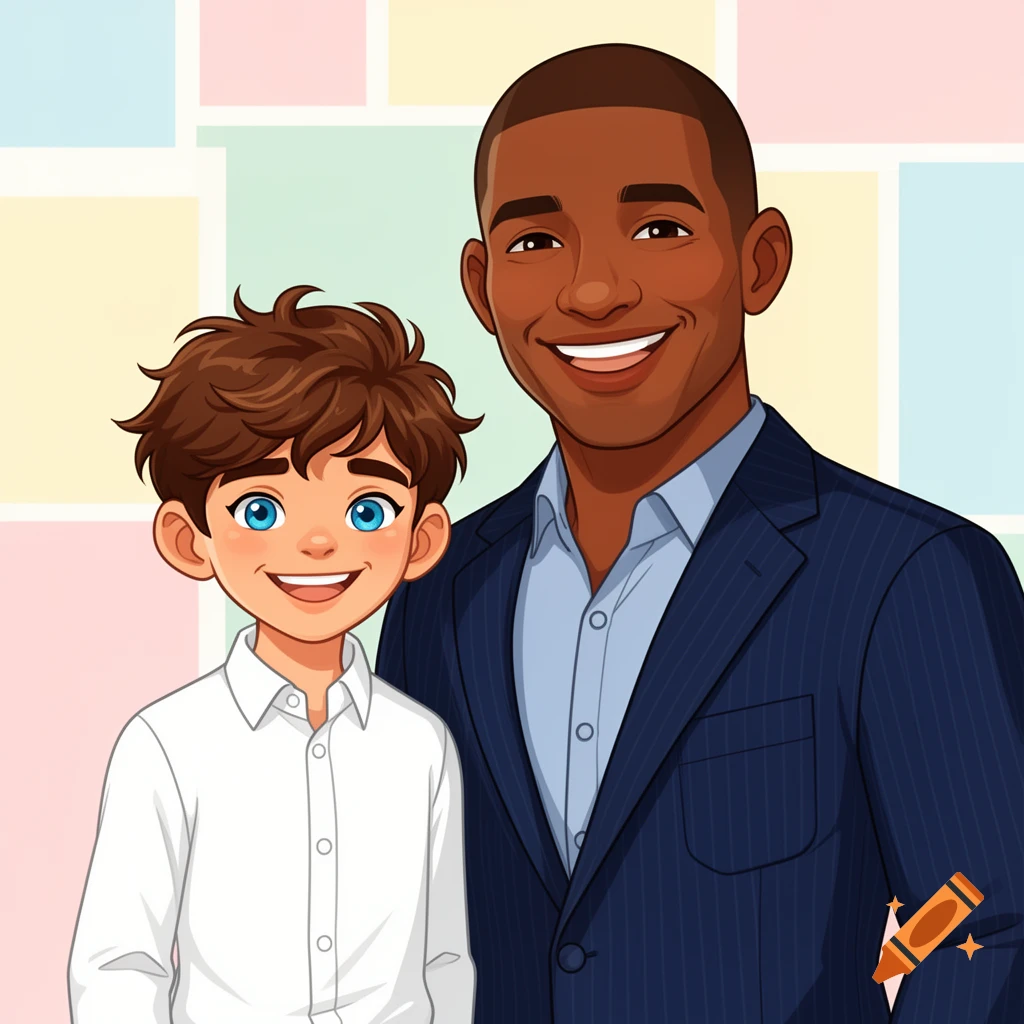 Clipart illustration of a smiling boy with brown hair and blue eyes next to his smiling dad with brown skin, wearing a suit.
