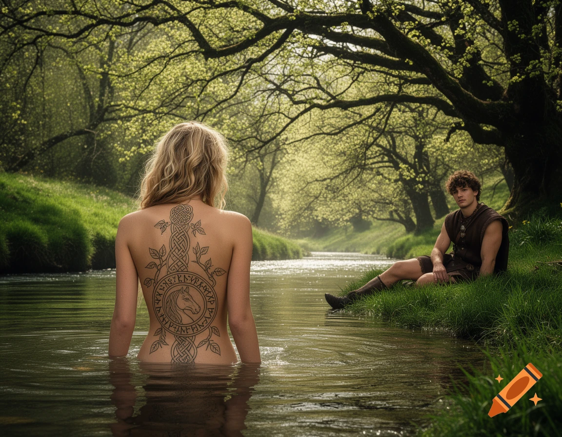 A blonde woman with a Celtic back tattoo stands in a river, back to the camera, as a man in warrior attire sits on a grassy bank. Photorealistic.
