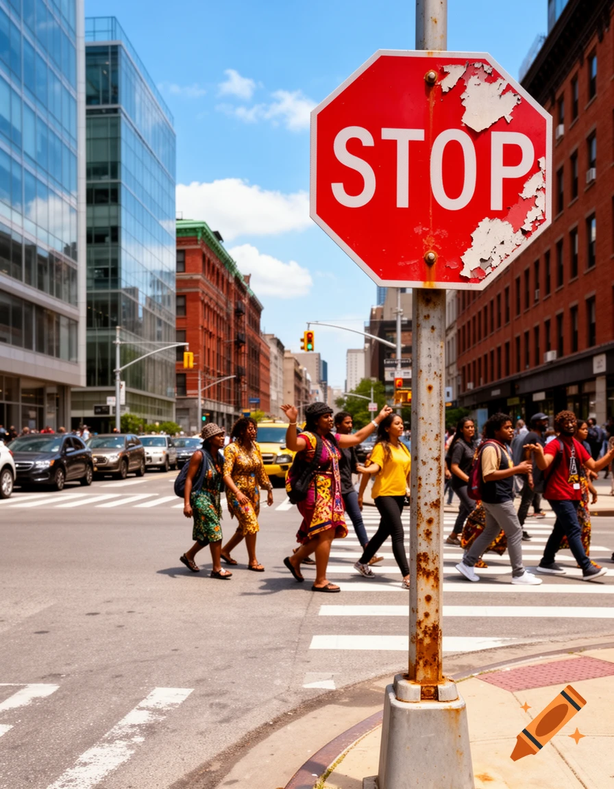 A busy city street scene with pedestrians crossing a crosswalk and a prominent stop sign in the foreground, vibrant buildings under a blue sky.