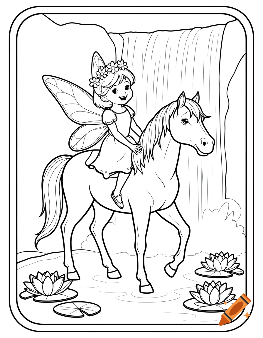 A black and white coloring page showing a cute fairy with wings and a flower crown riding a horse near a waterfall and water lilies.
