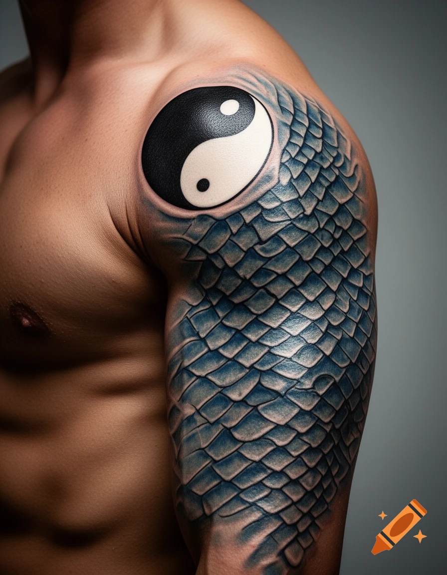 Muscular male arm with a realistic blue scale tattoo and a black and white Yin/Yang symbol on the shoulder.