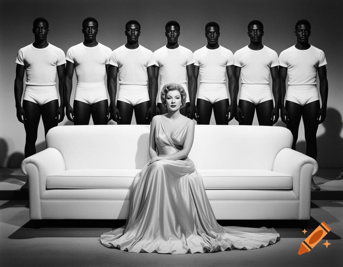 Black and white studio photograph. A woman in a long gown sits on a white sofa. Six men in white t-shirts and briefs stand behind her.
