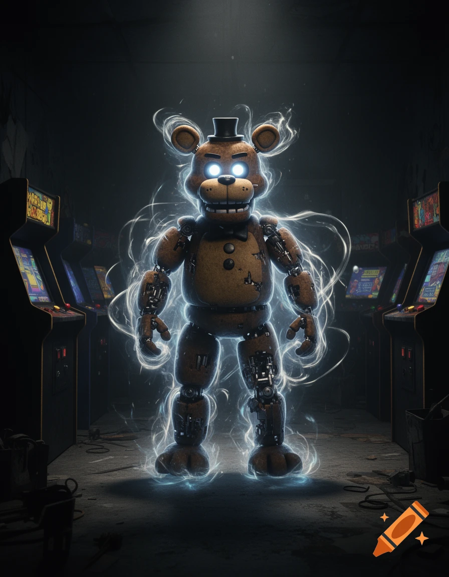 Photorealistic depiction of Ultra Instinct Freddy Fazbear glowing blue, standing in a dark, abandoned arcade filled with machines.
