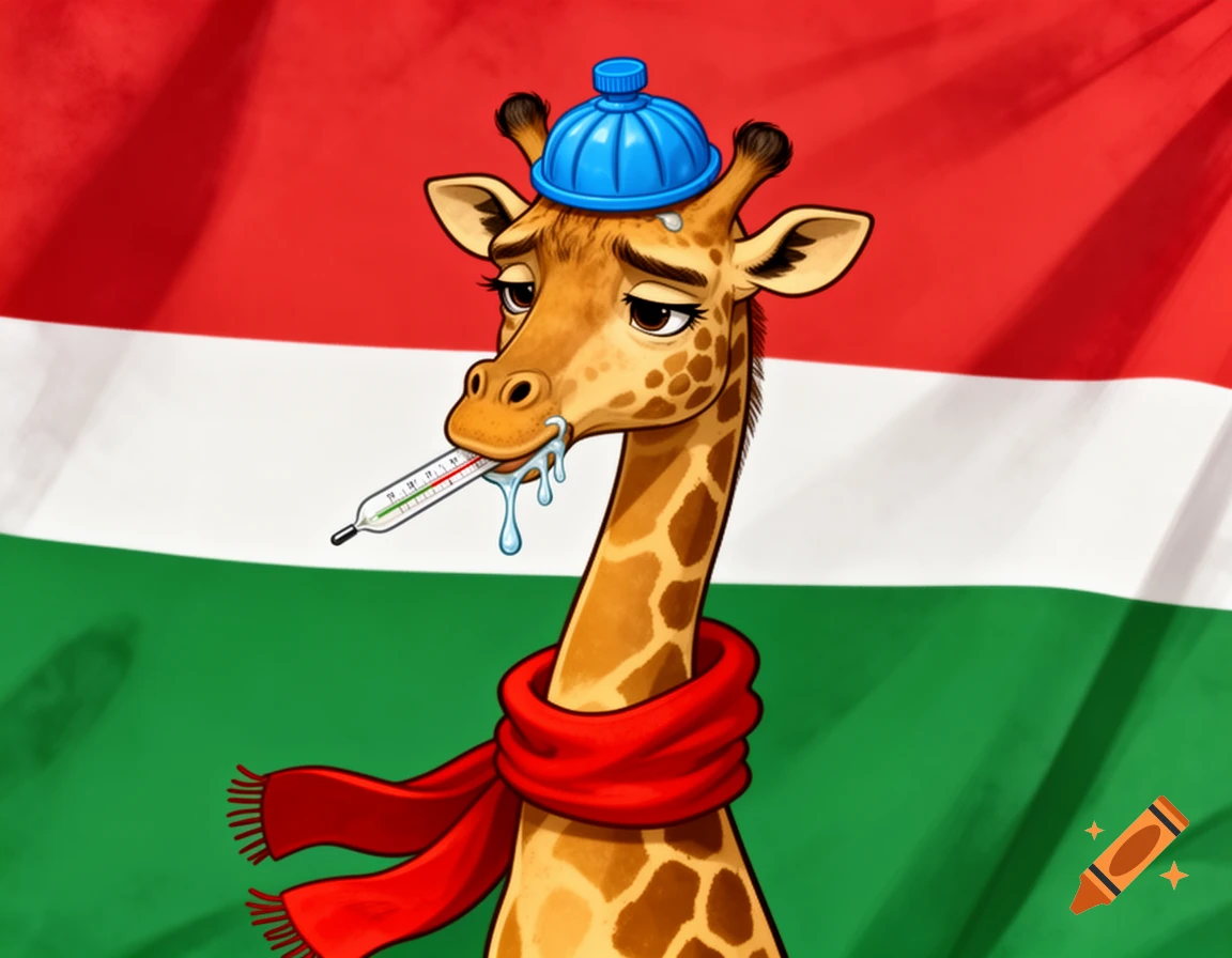 A sick cartoon giraffe with a blue ice pack on its head, a red scarf, and a thermometer in its mouth, against the Hungarian flag.